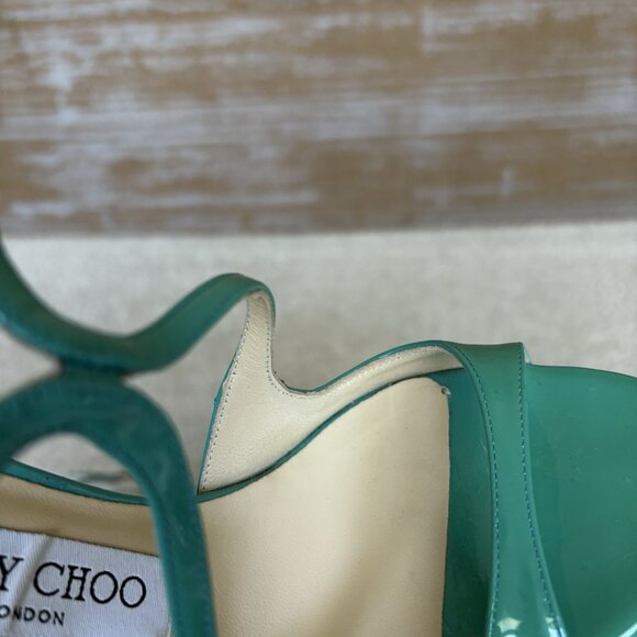 Jimmy Choo Lang Patent Leather Heeled Sandals Blue Preppy Classic - Picture 11 of 11